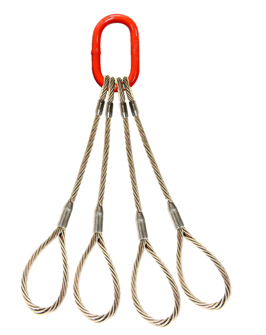 Four leg wire rope bridle with oblong master link on top and standard eyes on bottom
