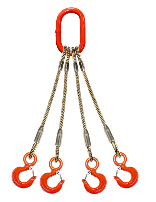 Four leg wire rope bridle with oblong master link on top and rigging hooks on bottom