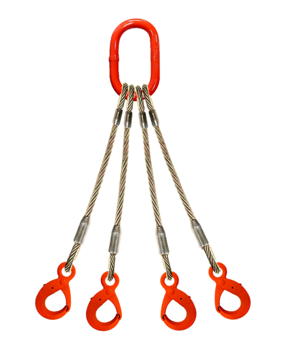Four leg wire rope bridle with oblong master link on top and self locking hooks on bottom