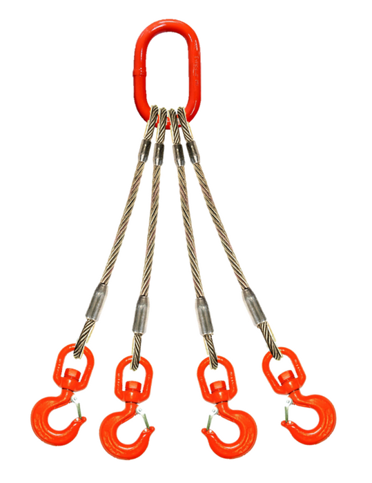 Four leg wire rope bridle with oblong master link on top and swivel rigging/latch hooks on bottom