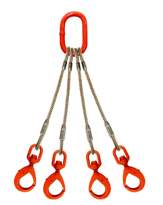 Four leg wire rope bridle with oblong master link on top and swivel self locking hooks on bottom