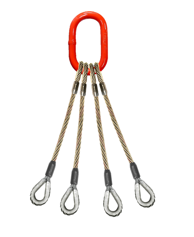 Four leg wire rope bridle with oblong master link on top and thimble e ...