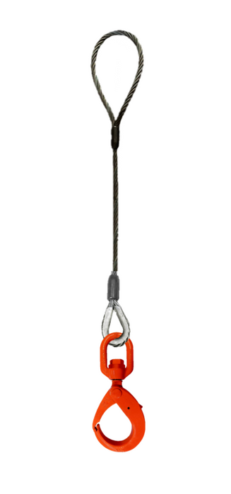 Single-leg wire rope sling with standard eye on top and swivel