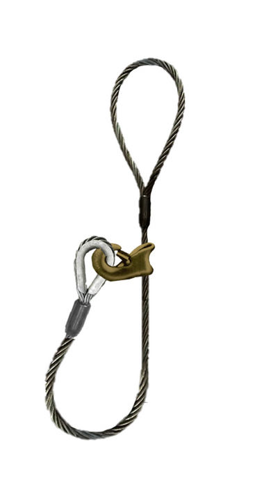 Single leg wire rope bridle with standard eye on one end and thimble eye on other end with sliding choker with latch