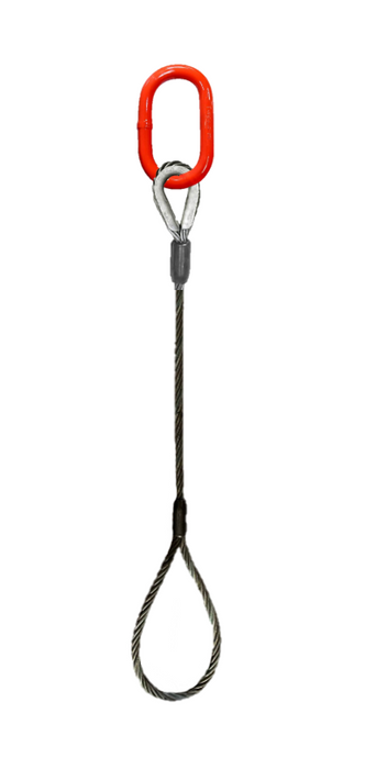 Single leg wire rope bridle with oblong master link on top and standard eye on bottom