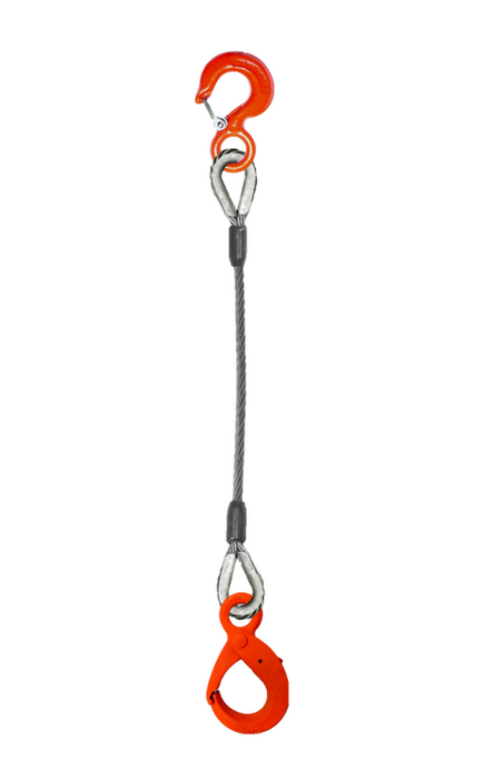 Single-leg wire rope with rigging/latch hook on one end and self locking hook on other end