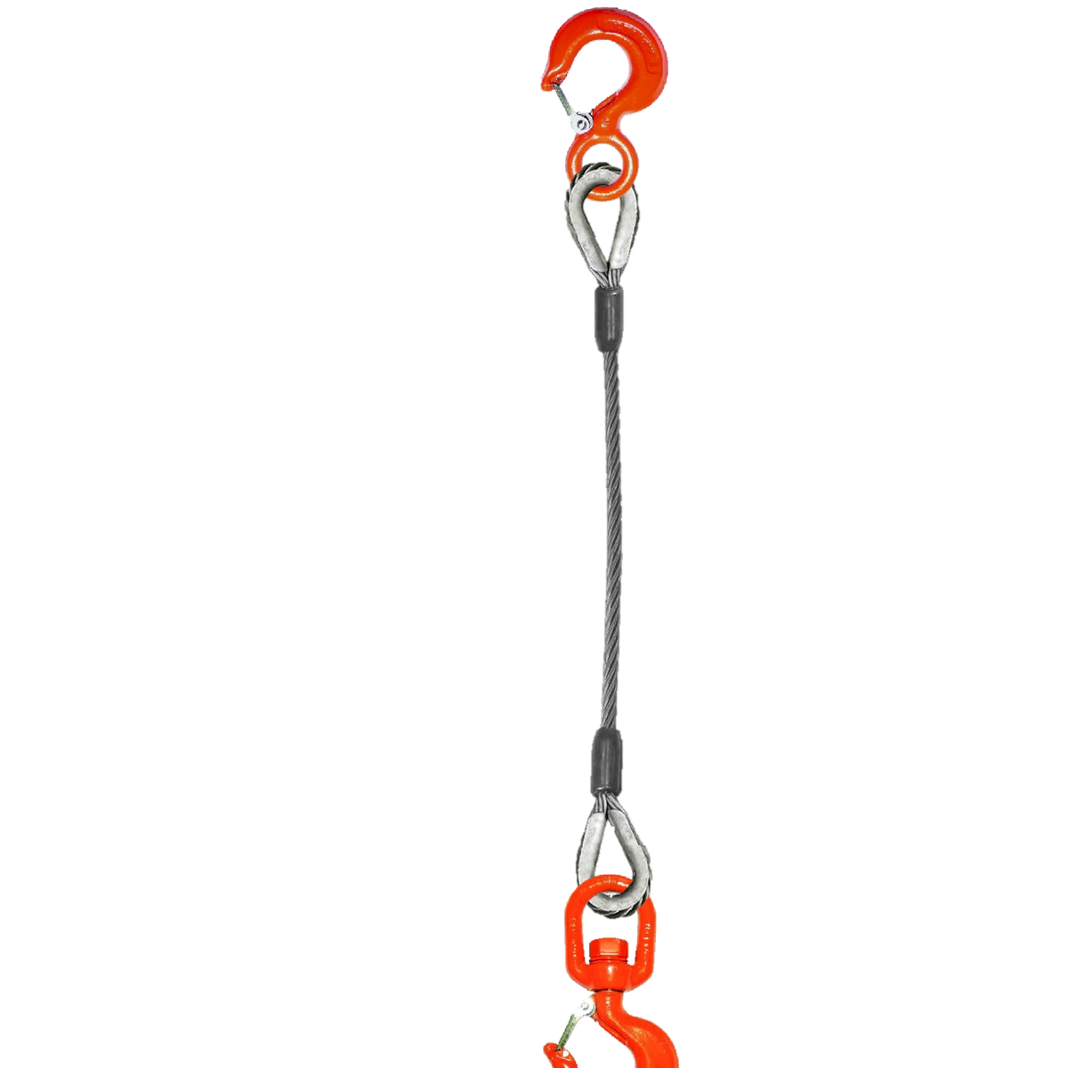 Single leg wire rope sling with latch/rigging hooks on one end and swi ...
