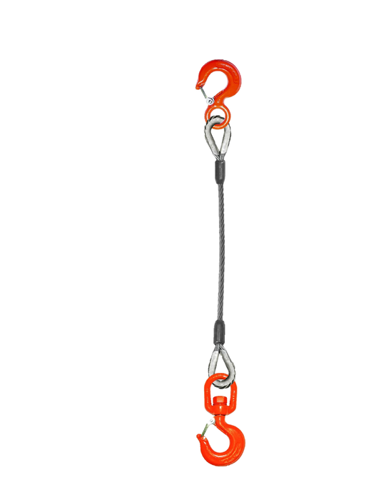 Single-leg wire rope with Rigging/Latch Hooks on one end and swivel rigging/latch hook on other end
