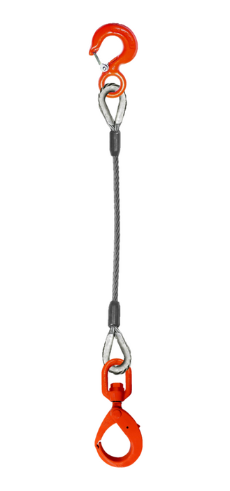 Single-leg wire rope with rigging/latch hook on one end and swivel self locking hook on other end