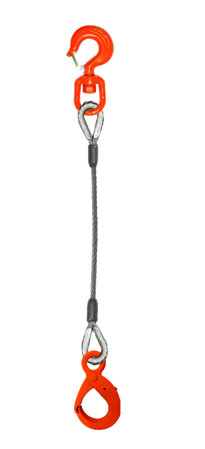 Single-leg wire rope with swivel rigging/latch hook on one end and sel ...