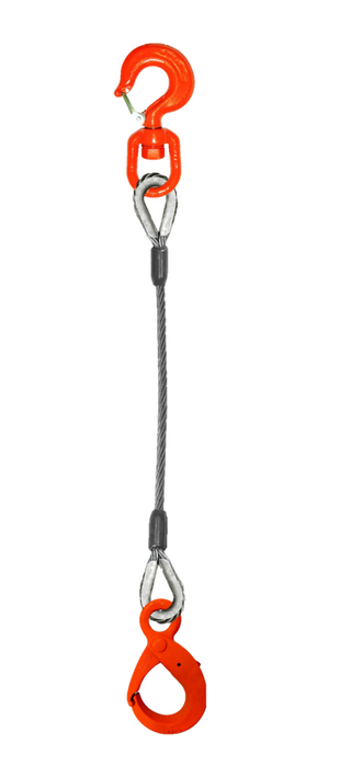 Single-leg wire rope with swivel rigging/latch hook on one end and self locking hook on other end
