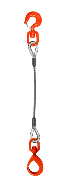 Single-leg wire rope with swivel rigging/latch hook on one end and swivel self locking hook on other end
