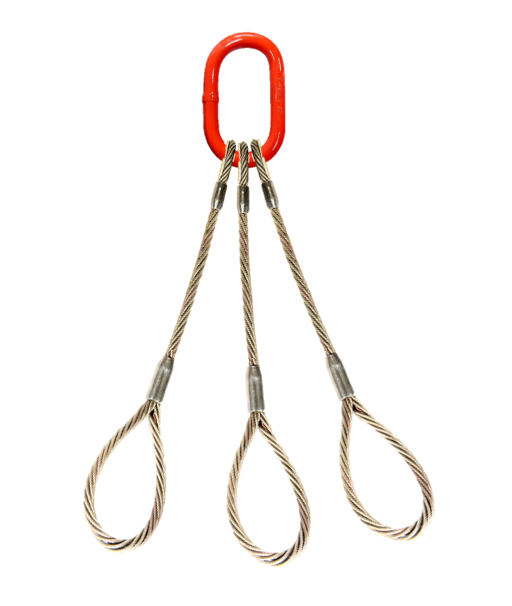 Three leg wire rope bridle with oblong master link on top and standard eyes on bottom