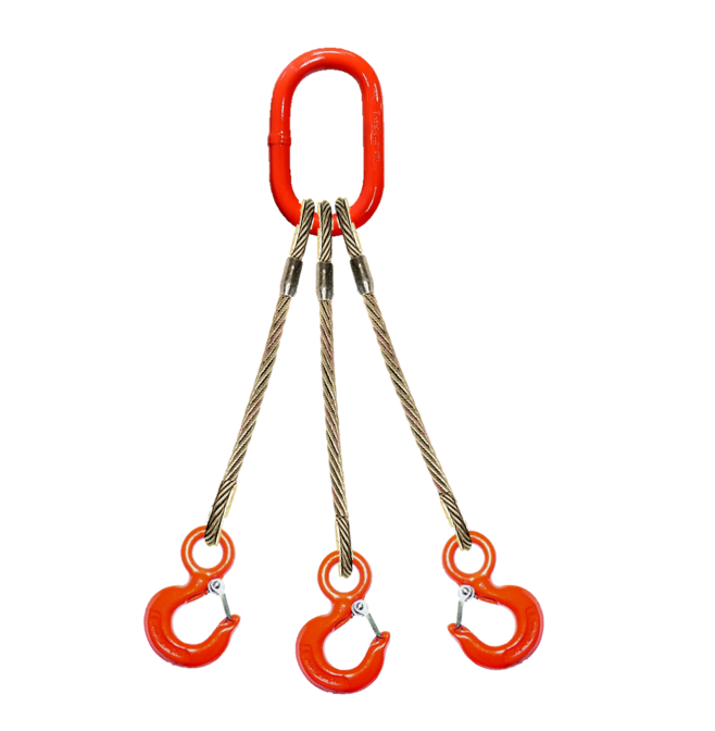 Three leg wire rope bridle with oblong master link on top and rigging/latch hooks on bottom