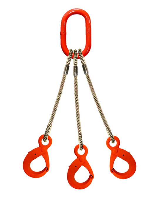 Three leg wire rope bridle with oblong master link on top and self locking hooks on bottom