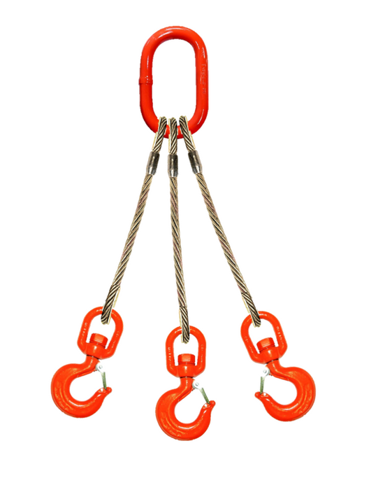 Three leg wire rope bridle with oblong master link on top and swivel rigging/latch hooks on bottom