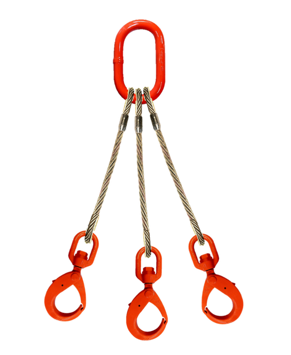 Three leg wire rope bridle with oblong master link on top and swivel self locking hooks on bottom