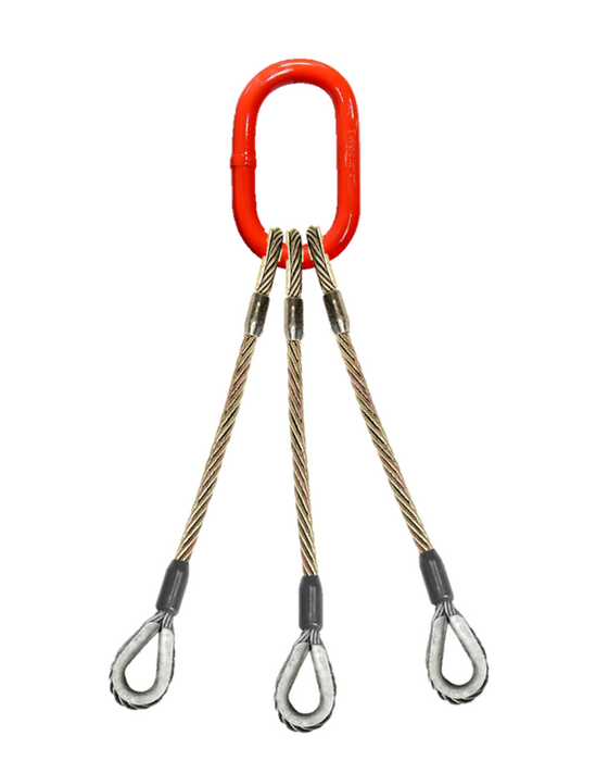 Three leg wire rope bridle with oblong master link on top and thimble eyes on bottom