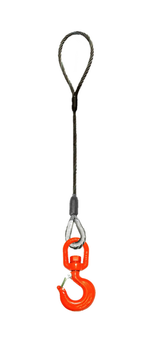 Single leg wire rope sling with standard eye on top and swivel rigging/latch hook on bottom