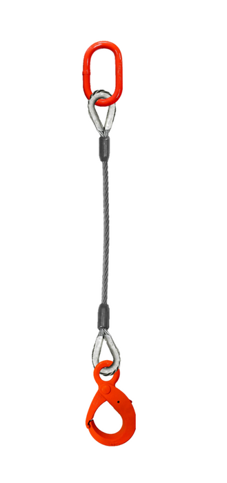 Single leg wire rope sling with oblong master link on top and self locking hook on bottom