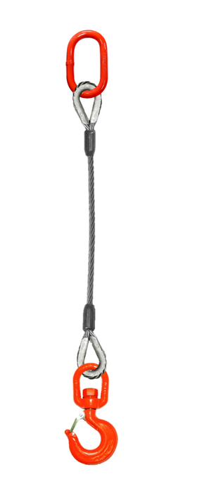 Single-leg wire rope sling with oblong master link on top and swivel rigging/latch hook on bottom