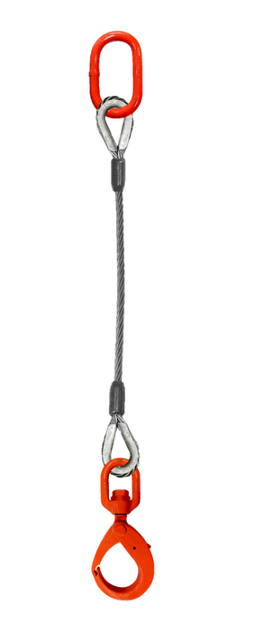 Single leg wire rope sling with oblong master link on top and swivel self locking hook on bottom