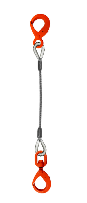 Single leg wire rope sling with self locking hook on one end and swivel self locking hook on other end