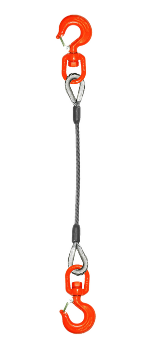 Single leg wire rope sling with swivel rigging/latch hooks on each end