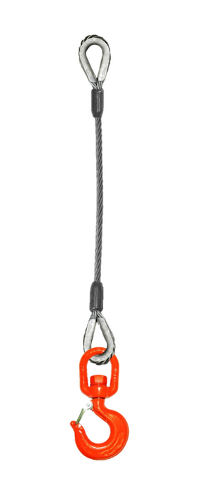 Single leg wire rope bridle with thimble eye on top and swivel rigging/latch hook on botom